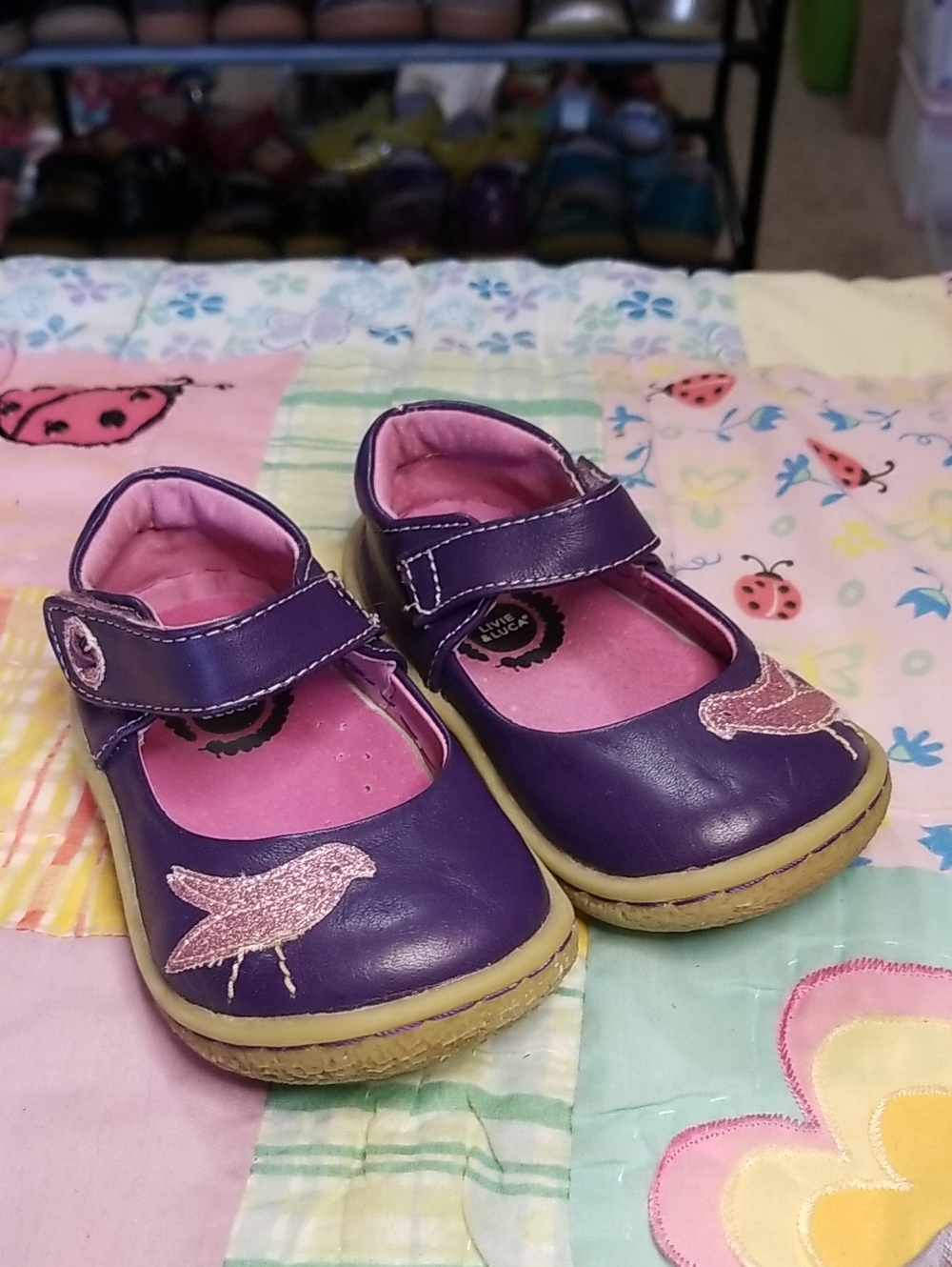 Livie & Luca Purple Leather Mary Jane Shoes with Pink Glitter Bird Size 5 Pio